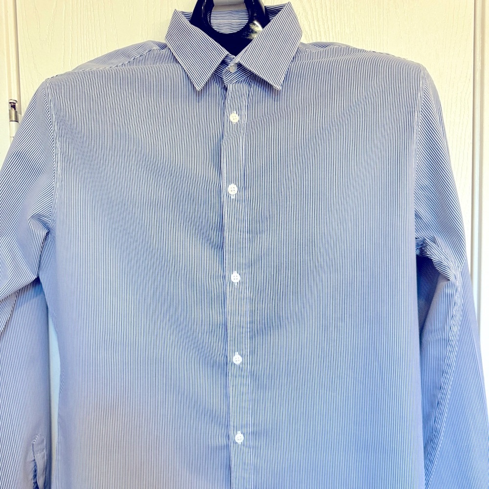 H&M Mens Regular Fit Easy Iron Long Sleeve Striped Blue Shirt Size L